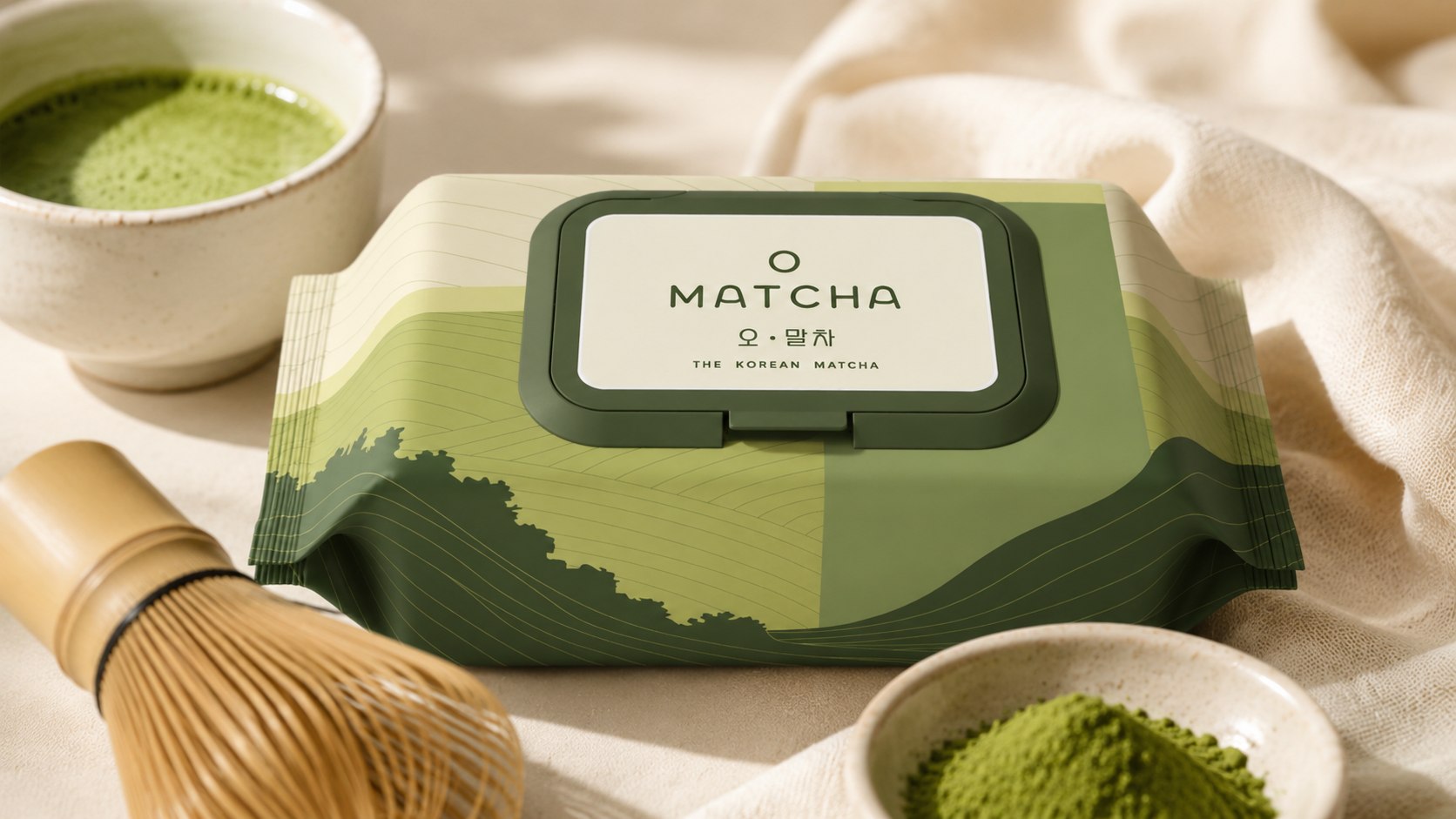 말차와 차 도구 사이에 놓인 O MATCHA 대용량 메이크업 클렌징 티슈