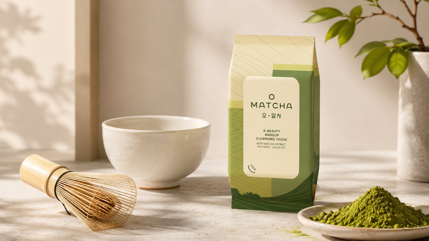 말차 도구와 함께 놓인 O MATCHA 휴대용 메이크업 클렌징 티슈
