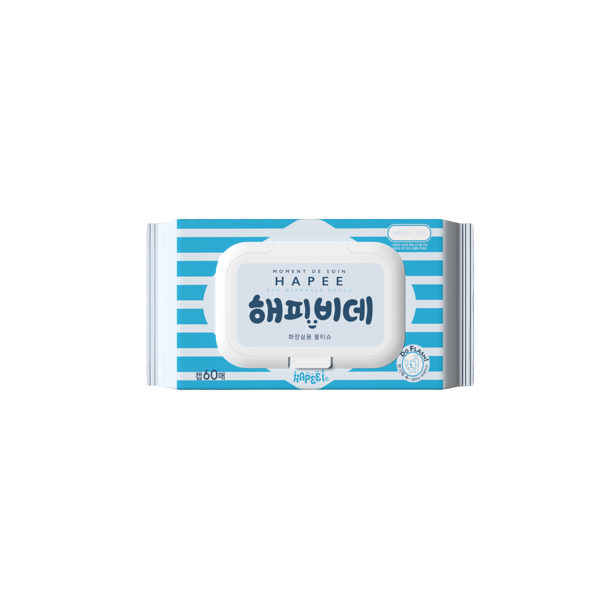파란 스트라이프 패키지의 해피아이 해피비데 화장실용 물티슈 60매 정면