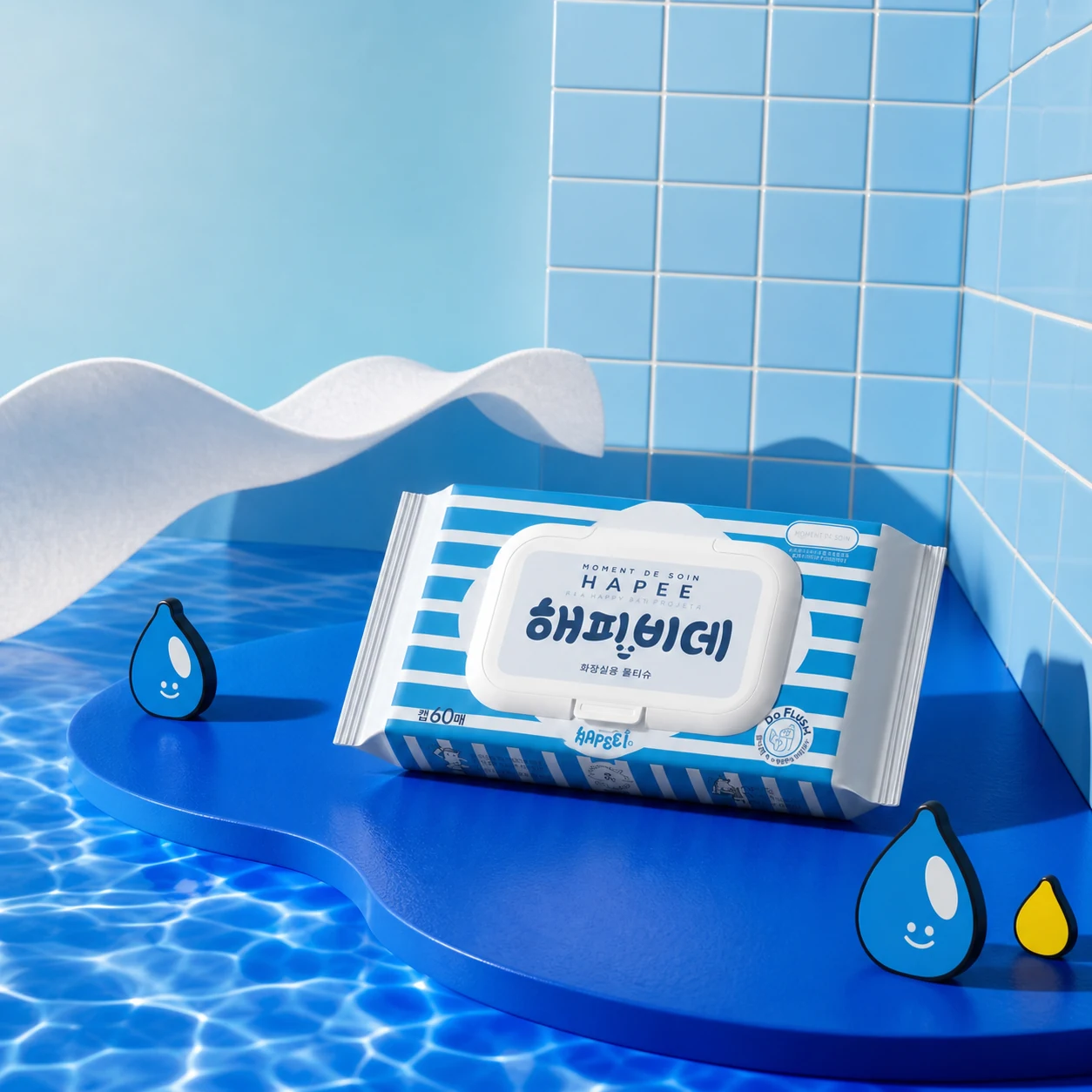 파란 타일과 물결, 물방울 캐릭터 사이에 놓인 해피아이 HAPEE BIDET 화장실용 물티슈